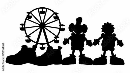 Silhouette illustration featuring a ferris wheel, two cartoon figures, and two shoes in black and white