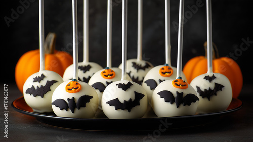 A row of white cake pops with black bat and pumpkin designs on top, placed in the center against a dark background. Ai generated