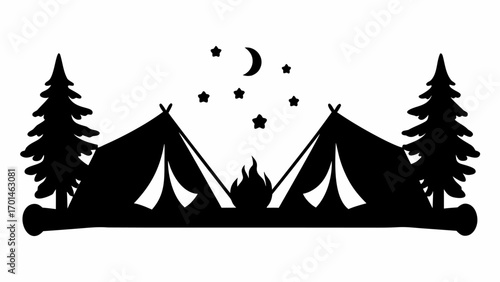 Silhouette of a camping scene with two tents, campfire, trees, moon and stars in black and white design