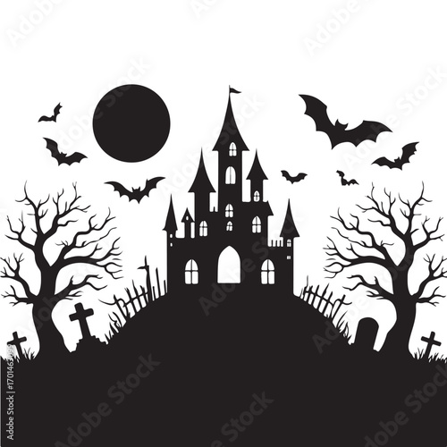 Black silhouette haunted castle bats and graveyard under full moon