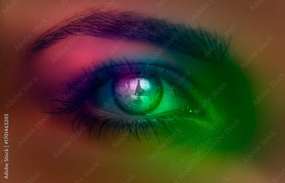 Obraz premium Beautiful girl eye with colorful surreal make up. Beauty girl with bright color makeup. Abstract colourful make-up, Art design