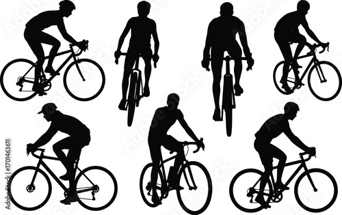 Cyclist silhouettes on bicycles, men riding road bikes, outdoor sports, exercise, fitness, healthy lifestyle, competition, training, speed, endurance