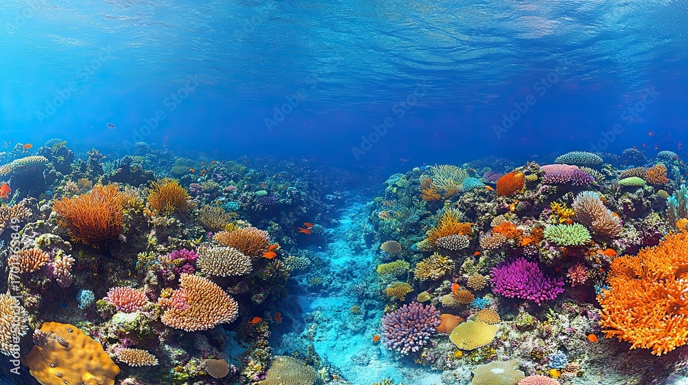 Obraz premium Vibrant coral reef ecosystem teeming with marine life under crystal clear waters