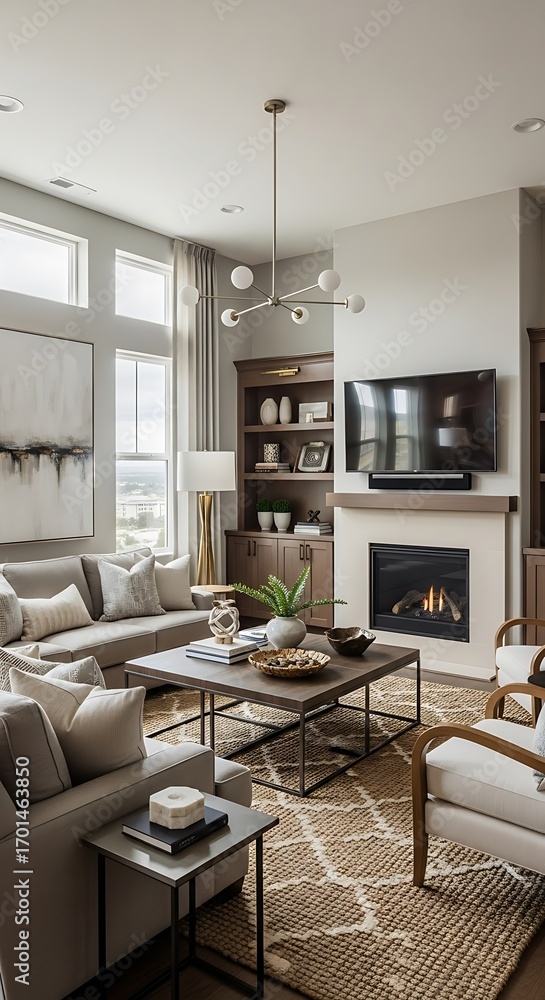 Fototapeta premium Modern Living Room with Fireplace and Large Windows.