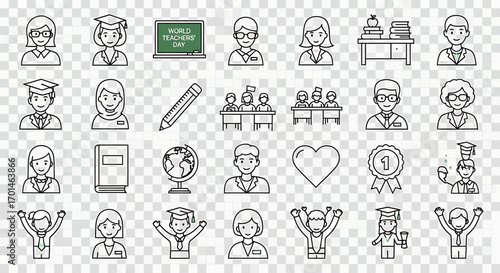 Education and learning thin line icon set. A vector collection of symbols representing teachers, students, school, graduation, and classroom concepts