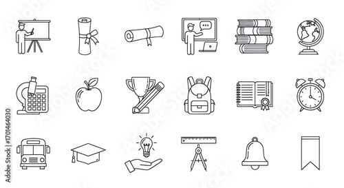 A set of school and education icons in a clean outline style, perfect for enhancing educational materials, websites, and presentations with a touch of simplicity and clarity