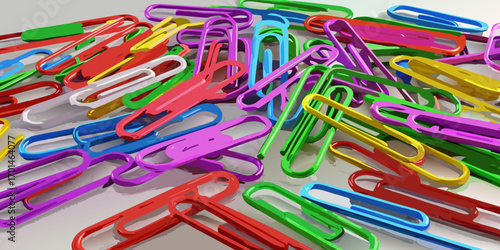 Colorful paperclips scattered randomly on a white background, showcasing a variety of bright hues and overlapping arrangements.