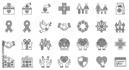 Collection of charity and donation icons in sketch style includes donation box, hand giving, medical cross, family, food bag, ribbon, dove, handshake, globe, heart, hospital, and calendar