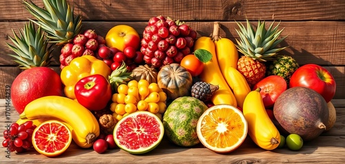Fototapeta Naklejka Na Ścianę i Meble -  Vibrant tropical fruits arranged on rustic wood, sunlit,  coconut,   food background