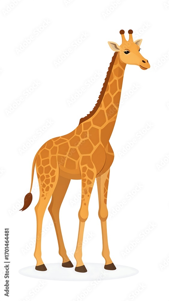 Fototapeta premium A cartoon giraffe stands tall against a plain white background, showcasing its distinctive spotted pattern and long neck.