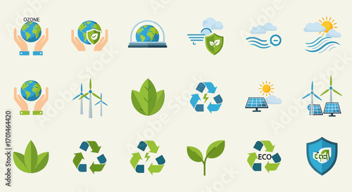 Collection of flat design ecology icons this set includes various symbols related to environmental protection, renewable energy, and sustainable living, perfect for ecofriendly projects