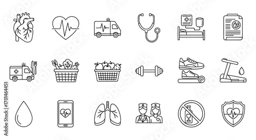 Collection of health and medical icons showcasing elements like heart, ambulance, stethoscope, exercise equipment, and healthy food for wellness and healthcare
