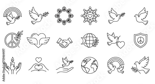 Set of peace and harmony symbols collection of hand drawn line art illustrations featuring dove, heart, handshake, globe, rainbow, candle, olive branch, shield, and peace sign