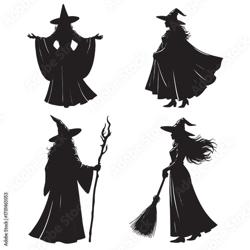 Four black silhouette witches in different poses white