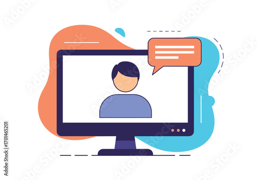 Online communication and digital interaction using a computer monitor showing a person and speech bubble icon representing conversation