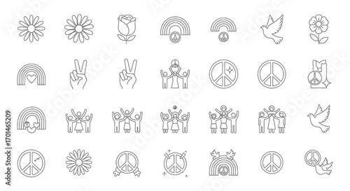 Conceptual collection of peace and love symbols in a minimalist line art style. Set of icons including dove, flower, rainbow, and unity gestures