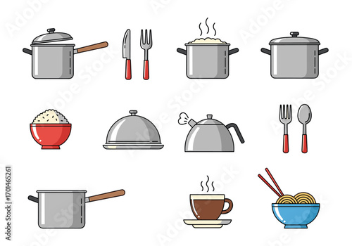 Collection of kitchenware and food illustrations for culinary themes
