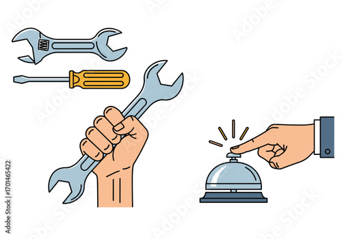 Skilled hands prepare tools for service while finger presses call button for assistance