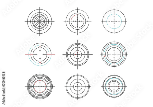 Abstract geometric circular patterns with concentric rings and crosshair designs