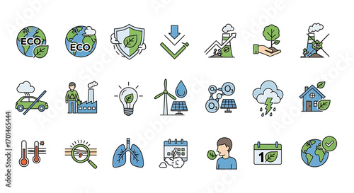 Set of ecology icons in color line style includes eco, shield, factory, plant, car, bulb, windmill, solar panel, cloud, house, thermometer, magnifier, lung, calendar, earth