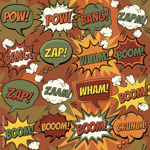 Comic book style sound effects seamless vector pattern with vibrant colors, patern seamless, Stock royalty image.