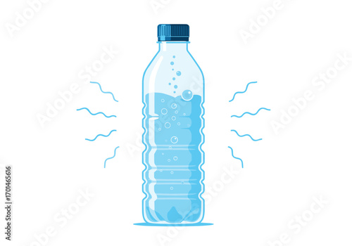 A clear plastic bottle filled with refreshing blue water bubbles emanating