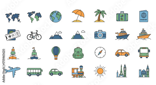 Vibrant travel icon set illustrating global tourism, transportation, and holiday adventure concepts for design projects