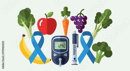 A balanced approach to managing diabetes through healthy nutrition, blood sugar monitoring, and treatment concept illustration