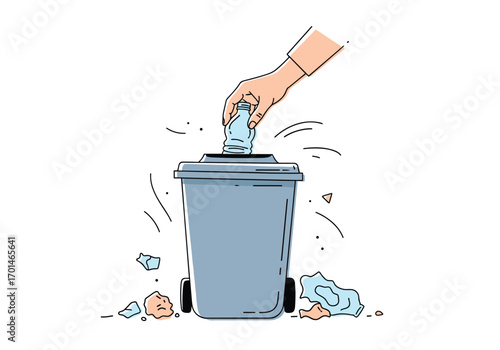 Person throwing trash into a garbage can with paper waste and debris scattered around the bin