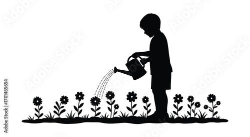 a child watering flowers with care in garden