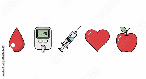A collection of colorful line icons representing diabetes management, health monitoring, and a balanced lifestyle for medical concepts