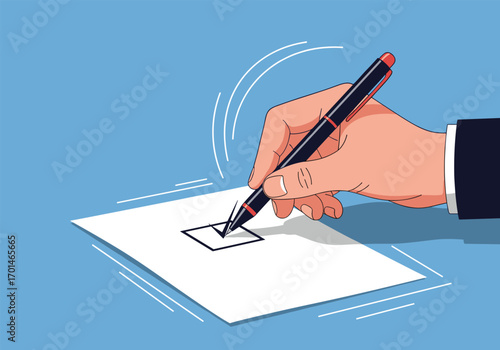 Hand with pen making a mark on a survey form document close up