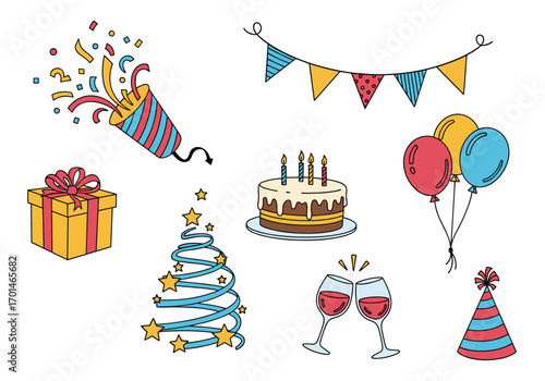 Happy birthday celebration decorations party supplies festive elements for greeting card design