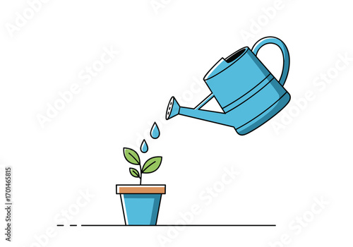 Watering a young plant in a pot with a blue watering can symbolizing growth and care