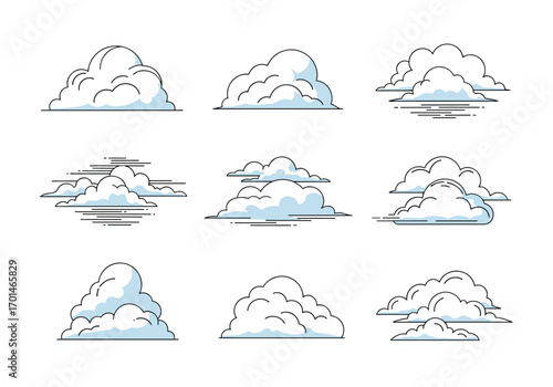 Set of nine abstract artistic illustrations of various cloud formations in different styles
