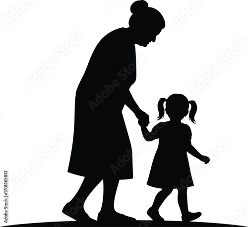 Silhouette of Elderly Woman Holding Hand of Young Girl, Generational Bond and Family Love Concept Vector Illustration for Stock Use