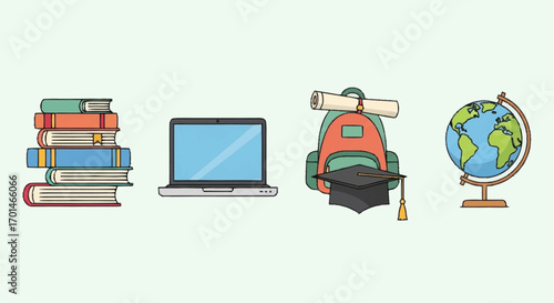 Vector graphic illustration set of colorful academic and learning symbols for higher education and e-learning concepts on a plain background