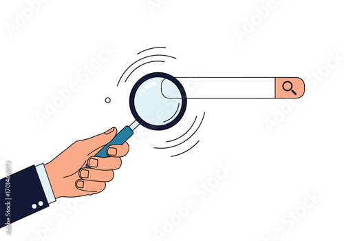 Professional hand holding magnifying glass over search bar for website research and analysis