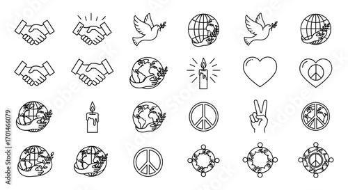 A collection of peace and harmony icons these icons represent various symbols of peace, unity, and global cooperation, promoting a message of understanding and goodwill