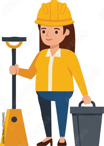 Smiling female construction worker in a hardhat with essential work tools