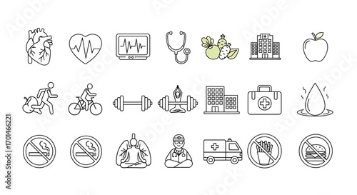 Collection of healthcare and wellness icons featuring heart, heartbeat, monitor, stethoscope, healthy food, hospital, apple, exercise, dumbbell, building, first aid kit, water, and no smoking sign