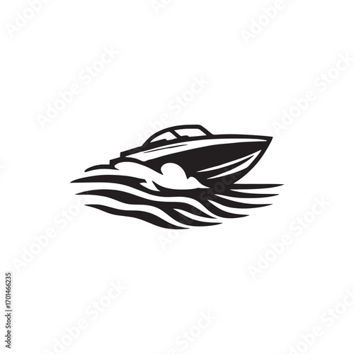Speed Boat Silhouette Vector . Fast Motorboat Icon for Logo and Print.