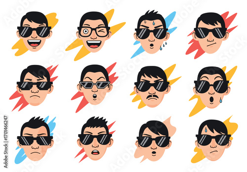 Collection of pixelated faces showing diverse emotions and expressions with sunglasses