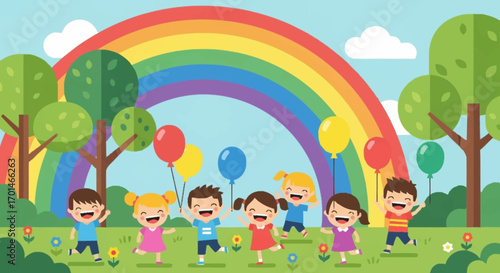 Vibrant cartoon scene of multicultural children playing happily in a green field with a large rainbow