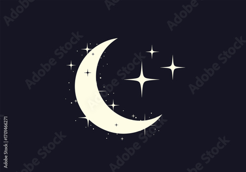 A gentle crescent moon shines brightly amidst a field of sparkling stars in the deep night sky