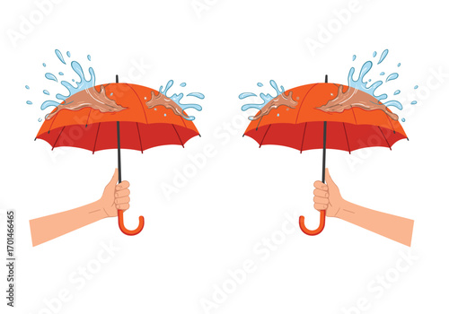 Two hands holding leaky umbrellas with water splashing over the top