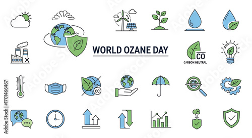World ozone day icon set this collection features symbols related to environmental protection, sustainability, and the preservation of the ozone layer, promoting awareness and action