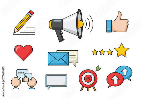 Digital marketing communication tools engagement social media feedback and goals icons set