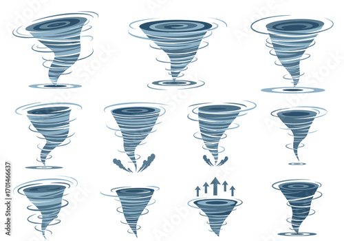 Collection of twelve different tornado illustrations showing wind vortex motion and weather phenomena