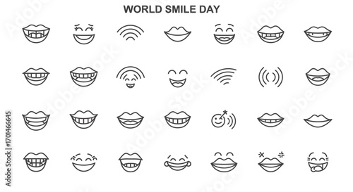 Illustration set of smile icons for world smile day contains such icons as mouth, lips, happy, emotion, expression, positive, cheerful, joy, happiness, communication